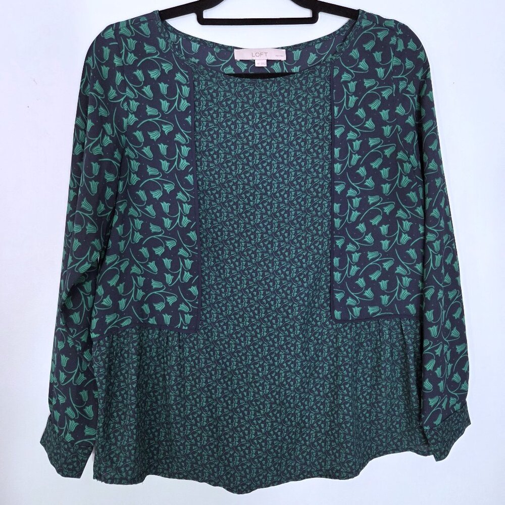 Ann Taylor LOFT Navy & Emerald Green Floral Long Sleeve Blouse Size MP